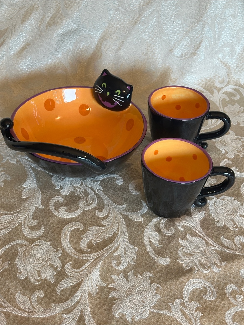 Whimsical Black Cat Bowl and Mug Set with Orange Interior